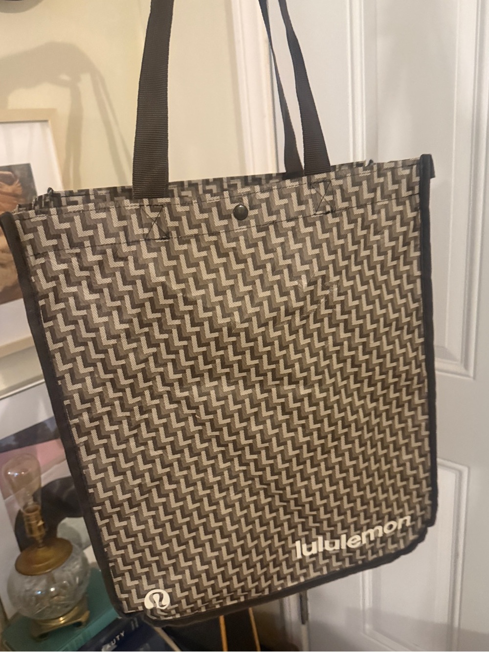 Lululemon Reusable Tote Bag in Gray  geometric pattern reusable tote bag 15 x14”